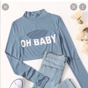 mock neck cut out letter graphic top